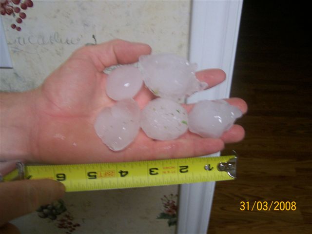 Five hailstones taken from the storm, each more than an inch in diameter.